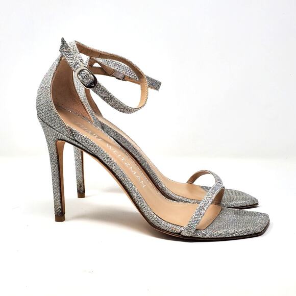 Stuart Weitzman Nudistcurve Glitter Ankle Strap Sandals Silver Crystal Size 8.5 - Picture 4 of 11
